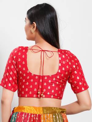 Women's brocade padded front open elbow sleeves saree blouse 2