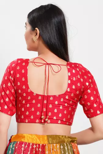 Women's brocade padded front open elbow sleeves saree blouse