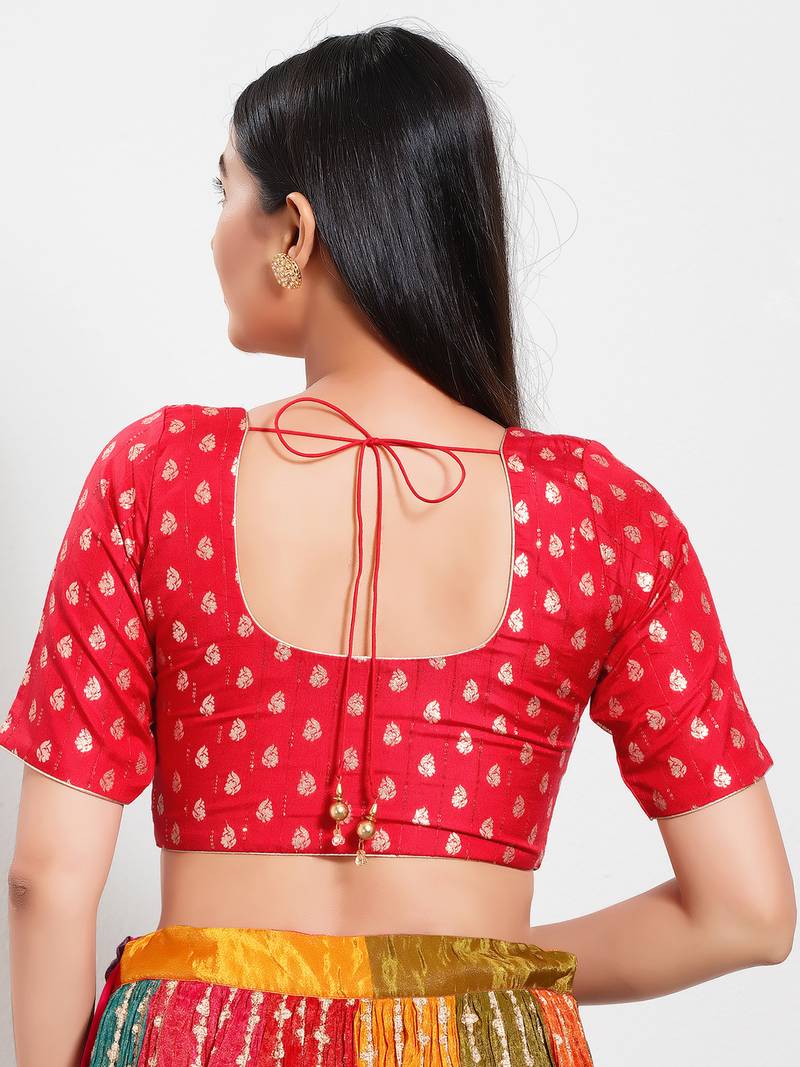 Women's brocade padded front open elbow sleeves saree blouse