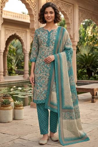 Teal printed cotton blend stitched floral print salwar kurta dupatta for women