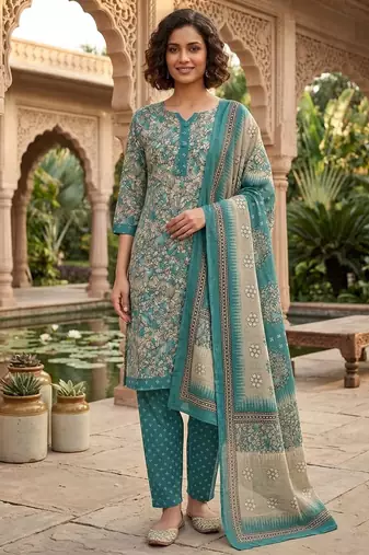 Teal printed cotton blend stitched floral print salwar kurta dupatta for women