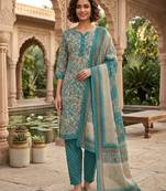 Teal printed cotton blend stitched floral print salwar kurta dupatta for women
