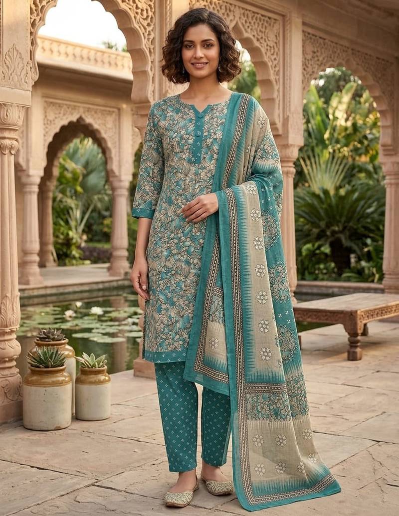 Teal printed cotton blend stitched floral print salwar kurta dupatta for women