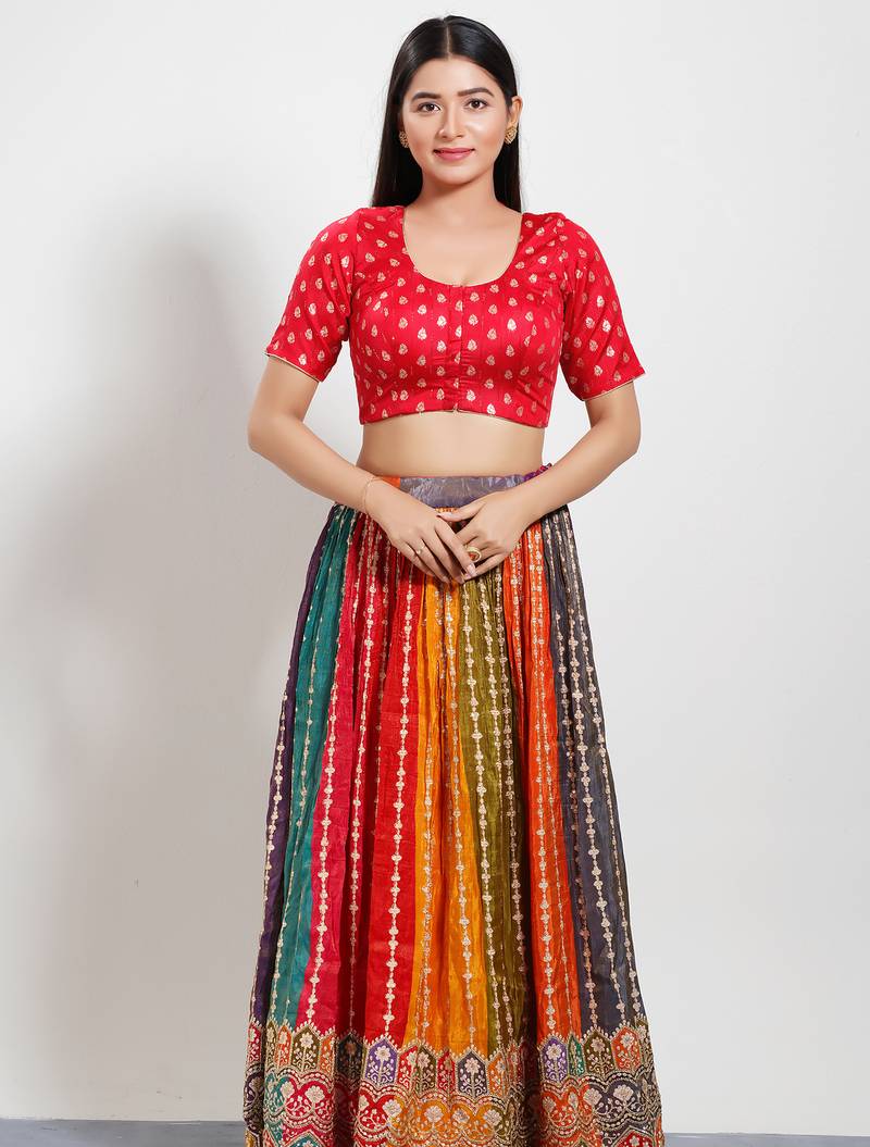 Women's brocade padded front open elbow sleeves saree blouse