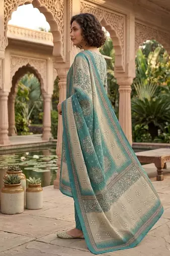 Teal printed cotton blend stitched floral print salwar kurta dupatta for women