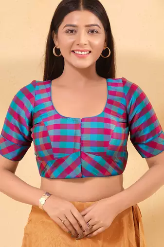 Women's silk padded front open elbow sleeves saree blouse