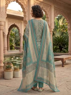 Teal printed cotton blend stitched floral print salwar kurta dupatta for women 3