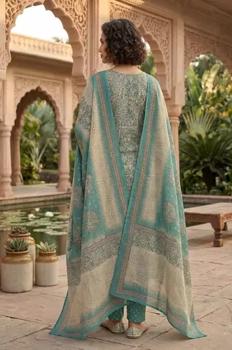 Teal printed cotton blend stitched floral print salwar kurta dupatta for women