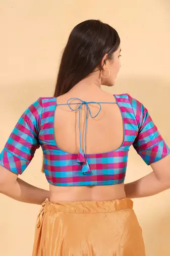 Women's silk padded front open elbow sleeves saree blouse