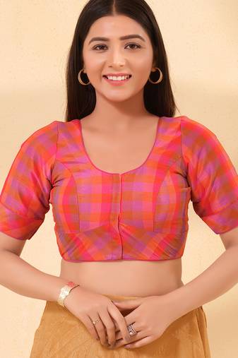 Women's silk padded front open elbow sleeves saree blouse