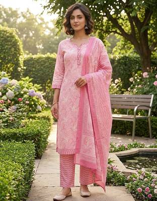 Pink printed cotton blend stitched floral print salwar kurta dupatta for women 1