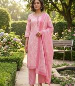 Pink printed cotton blend stitched floral print salwar kurta dupatta for women