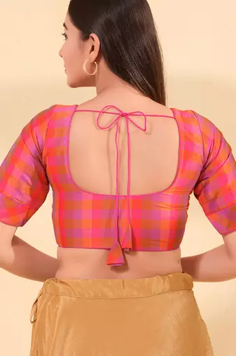 Women's silk padded front open elbow sleeves saree blouse