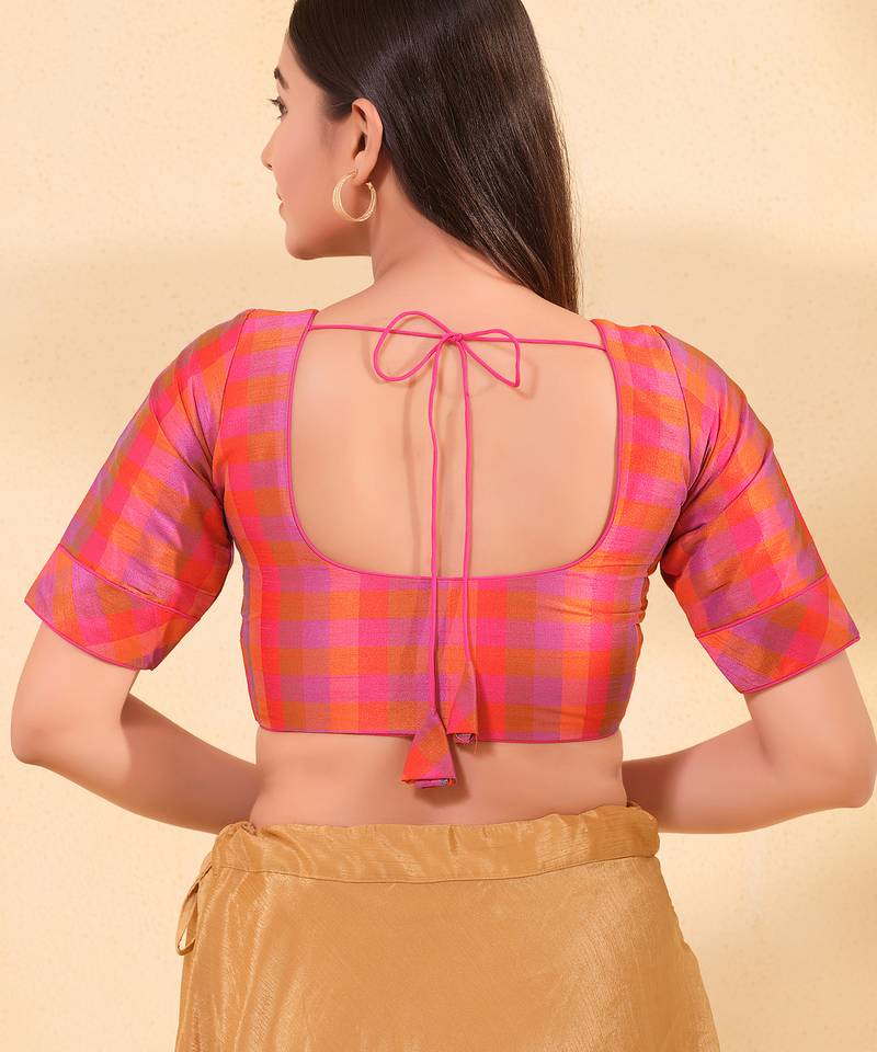 Women's silk padded front open elbow sleeves saree blouse