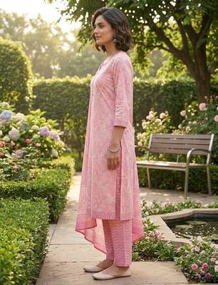 Pink printed cotton blend stitched floral print salwar kurta dupatta for women 2
