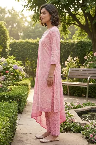 Pink printed cotton blend stitched floral print salwar kurta dupatta for women