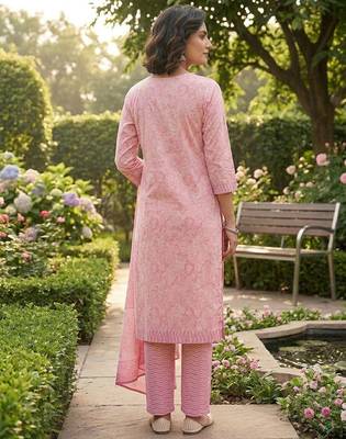 Pink printed cotton blend stitched floral print salwar kurta dupatta for women 3