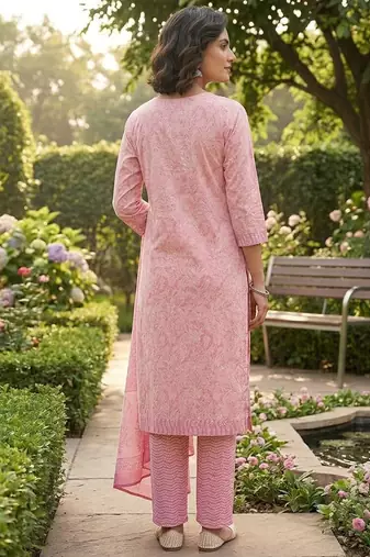 Pink printed cotton blend stitched floral print salwar kurta dupatta for women