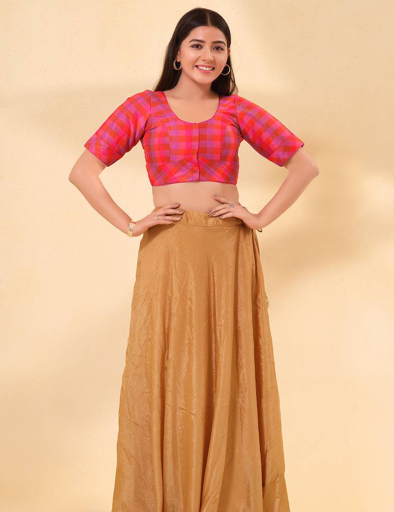Women's silk padded front open elbow sleeves saree blouse