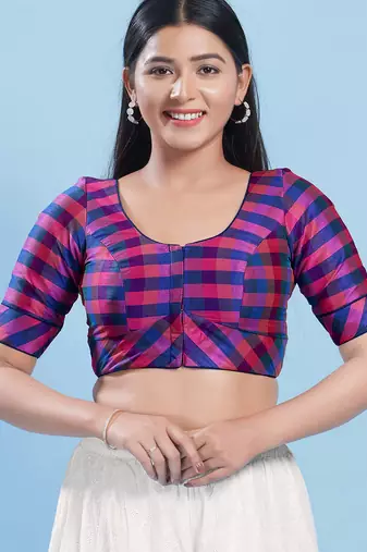 Women's silk padded front open elbow sleeves saree blouse