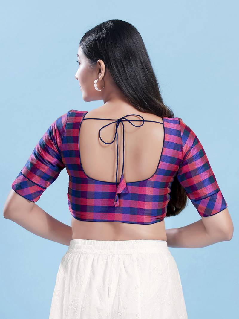 Women's silk padded front open elbow sleeves saree blouse