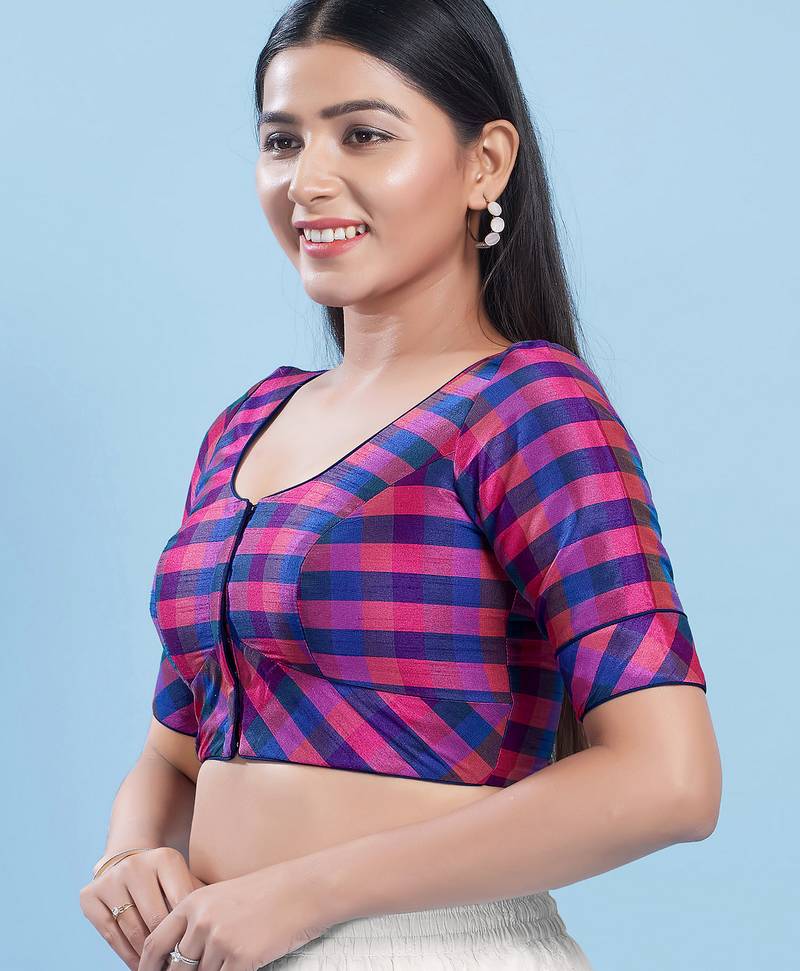 Women's silk padded front open elbow sleeves saree blouse