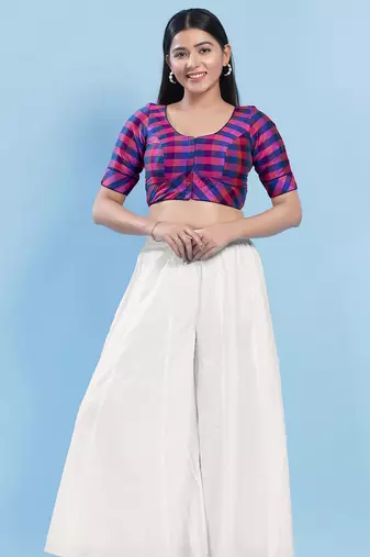 Women's silk padded front open elbow sleeves saree blouse