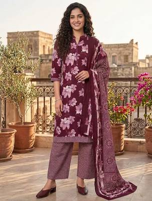 Wine printed cotton blend stitched floral print salwar kurta dupatta for women 1