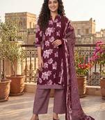 Wine printed cotton blend stitched floral print salwar kurta dupatta for women