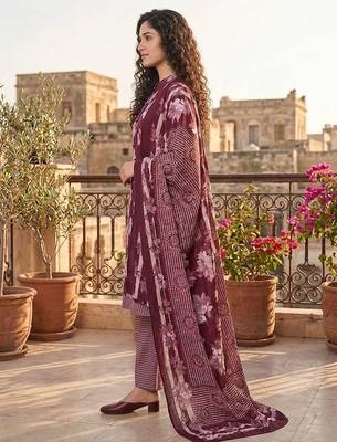 Wine printed cotton blend stitched floral print salwar kurta dupatta for women 2