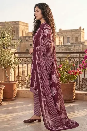 Wine printed cotton blend stitched floral print salwar kurta dupatta for women