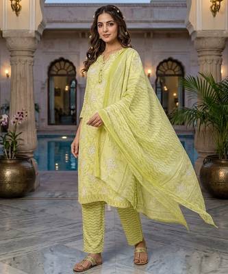 Yellow printed cotton blend stitched floral print salwar kurta dupatta for women 1
