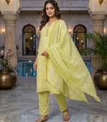 Yellow printed cotton blend stitched floral print salwar kurta dupatta for women