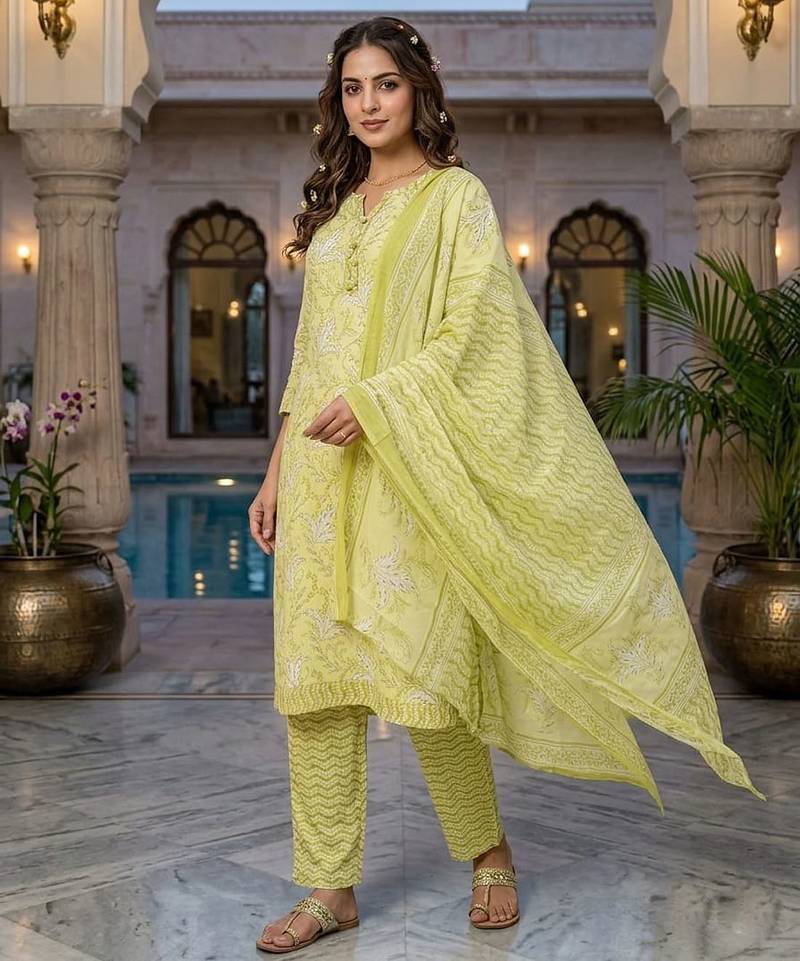 Yellow printed cotton blend stitched floral print salwar kurta dupatta for women
