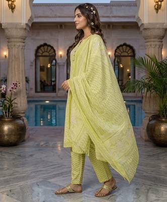 Yellow printed cotton blend stitched floral print salwar kurta dupatta for women 2
