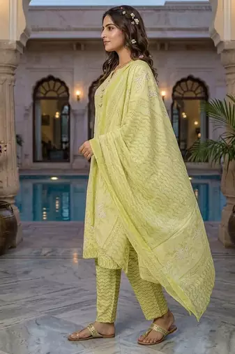 Yellow printed cotton blend stitched floral print salwar kurta dupatta for women