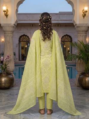 Yellow printed cotton blend stitched floral print salwar kurta dupatta for women 3