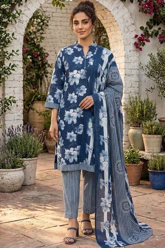 Blue printed cotton blend stitched floral print salwar kurta dupatta for women