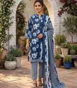 Blue printed cotton blend stitched floral print salwar kurta dupatta for women