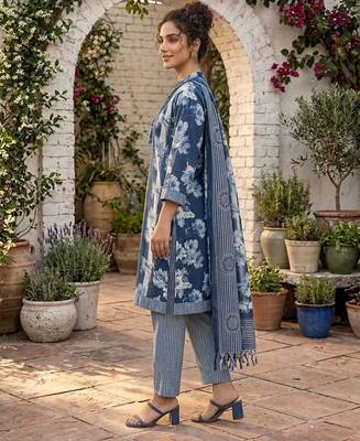 Blue printed cotton blend stitched floral print salwar kurta dupatta for women 2