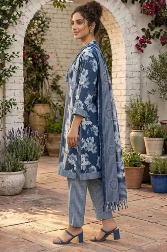 Blue printed cotton blend stitched floral print salwar kurta dupatta for women