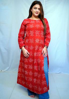 Cotton Dabu Hand Block Printed Red Long Side Slit Kurti 1