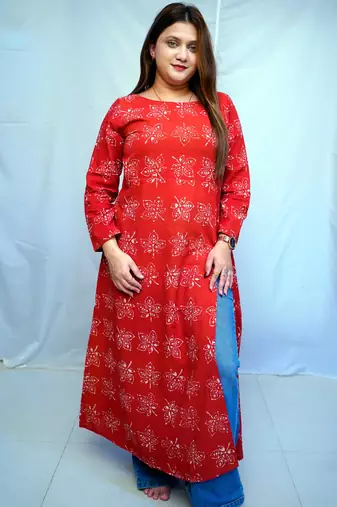 Cotton Dabu Hand Block Printed Red Long Side Slit Kurti