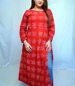 Cotton Dabu Hand Block Printed Red Long Side Slit Kurti