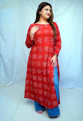 Cotton Dabu Hand Block Printed Red Long Side Slit Kurti 2