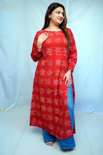 Cotton Dabu Hand Block Printed Red Long Side Slit Kurti