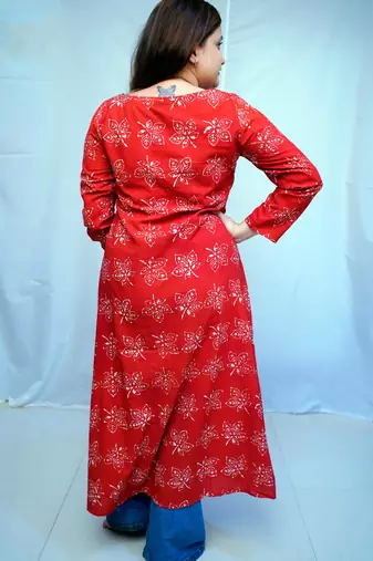 Cotton Dabu Hand Block Printed Red Long Side Slit Kurti