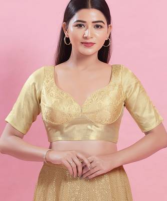 Women's brocade padded back open elbow sleeves saree blouse 1