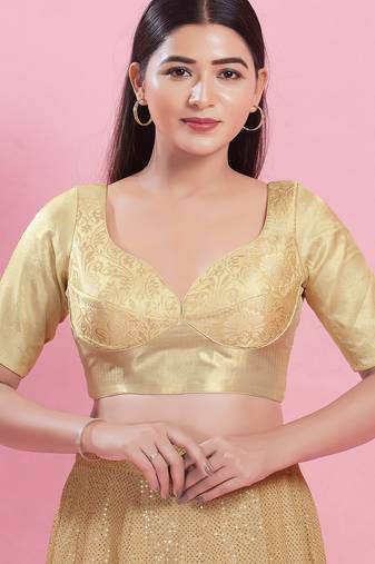 Women's brocade padded back open elbow sleeves saree blouse