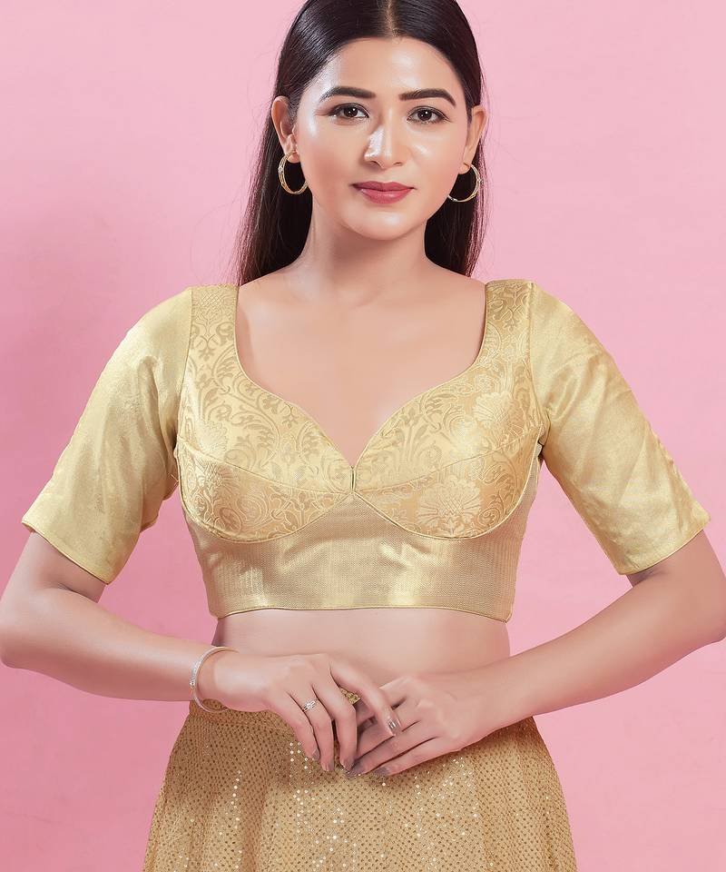 Women's brocade padded back open elbow sleeves saree blouse